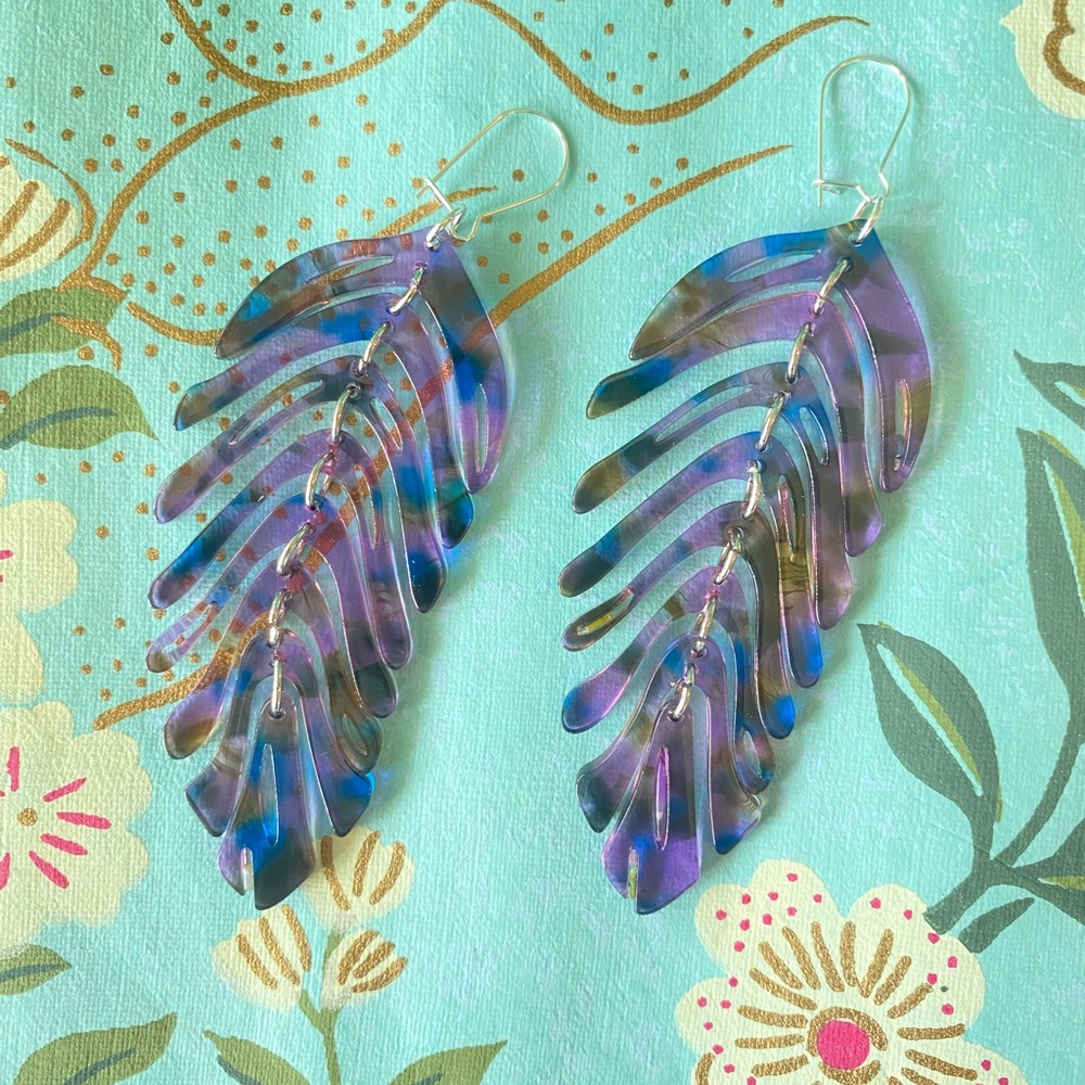 Acrylic Leaf Tassel Statement Earrings - Purple Blue Swirl